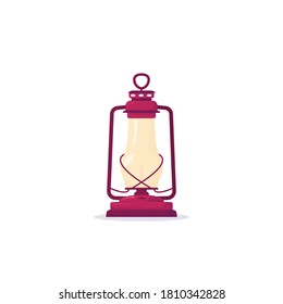 Retro kerosene lantern with fire. Old metal rust, copper glass lantern with fire in it on white background. Realistic cartoon vector. Camping equipment gas lantern.