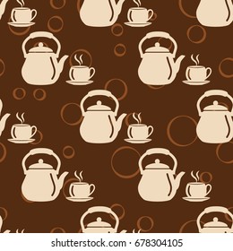 Retro kettle and hot cup pattern. Vector Seamless Background.