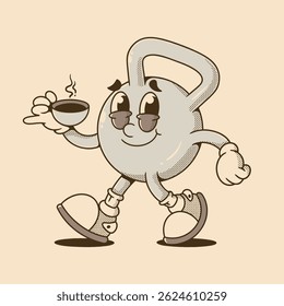 Retro Kettlebell character illustration holding a coffee cup