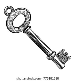 Retro key, vintage style. Key illustration for antiques decoration.  Ornamental medieval hand drawn old realistic design Vector.