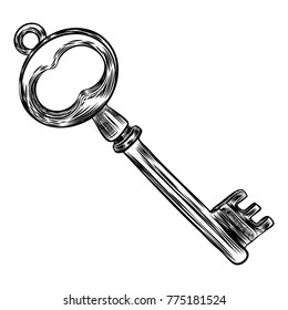 Retro key, vintage style. Key illustration for antiques decoration.  Ornamental medieval hand drawn old realistic design Vector.