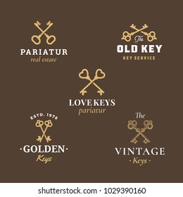 Retro Keys Emblems Set. Abstract Vector Signs, Symbols or Logo Templates. Different Crossed Keys Sillhouettes with Classy Typography. Vintage Vector Emblems. Dark Brown Background.