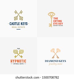 Retro Keys Small Collection. Abstract Vector Signs, Symbols or Logo Templates. Different Crossed Keys Sillhouettes with Classy Typography. Vintage Vector Emblems. Isolated.