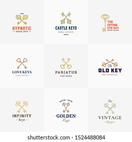 Retro Keys Symbols Big Collection. Abstract Vector Signs, Symbols or Logo Templates. Different Crossed Keys Sillhouettes with Classy Typography. Vintage Vector Emblems. Isolated.