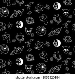 Retro kids doodle background. Seamless pattern of vector hand drawn space objects on blackboard.