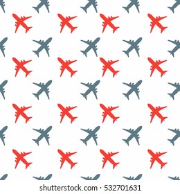  Retro Kids seamless pattern with airplanes blue and red. White background. Baby pattern.