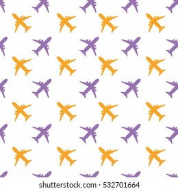 Retro kids seamless pattern with airplanes purple and orange. White background. Baby pattern.