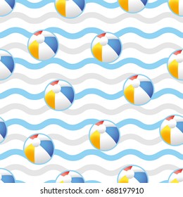 Retro kids seamless pattern with colorful beach balls  on white background with wavy strip. Baby pattern