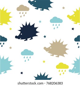 Retro kids seamless pattern with colorful hedgehogs, clouds and stars. White background. Baby pattern.