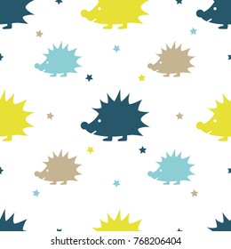 Retro kids seamless pattern with colorful hedgehogs, clouds and stars. White background. Baby pattern.