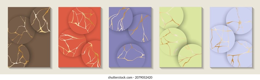 Retro kintsugi art gold brocken line patterns vector collection. Booklet cover pages with kintsugi japanese art golden patterns. Crack brocken line ornaments. Poster templates.