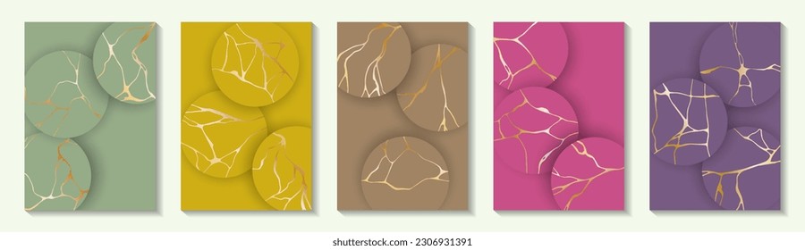 Retro kintsugi art gold brocken line patterns vector collection. Brochure cover pages with kintsugi japanese art foil patterns. Crack brocken line ornaments. Banner templates.