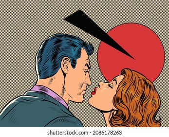 retro kiss of a man and a woman. A couple in love. Husband and wife