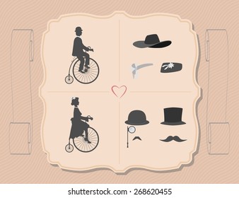 Retro kit for ladies and gentleman on bicycles. set for designers with a hat, mustache, ribbons, glasses.