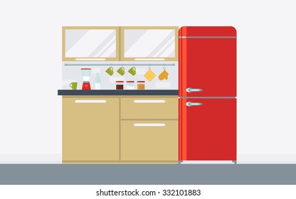 Retro kitchen with appliances, cupboard, blender, refrigerator. Creative concept interior with comfort modern furniture. Flat design icos set, minimalist style. Vector illustration - 10 EPS