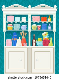 retro kitchen cupboard with colorful utensils against vintage  wallpaper