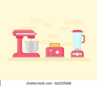 Retro kitchen devices in flat style. Vintage utensils: planet mixer, toaster, blender icons in pastel colors 