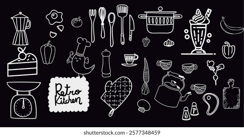 retro kitchen Elements outline Chalk