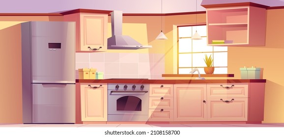 Retro kitchen empty interior with appliances and white wooden furniture. Table, oven, range hood, refrigerator and utensil. Equipment for cooking in classic vintage style, Cartoon vector illustration