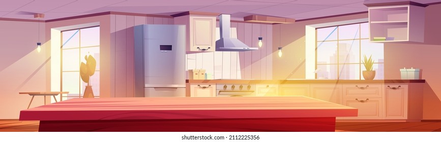 Retro kitchen empty light interior with wooden table, furniture and appliances. Oven, range hood refrigerator. Vintage cooking room in apartment illuminated with sunlight, Cartoon vector illustration