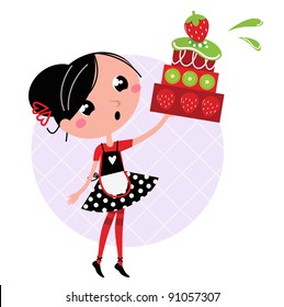 Retro kitchen Girl with big fruity Cake isolated on white