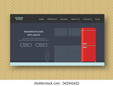 Retro kitchen interior with  appliances - refrigerator. Flat stylish design. Horizontal banner on wooden pattern background. Vector illustration design elements for your advertising