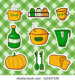 Retro kitchen set food, cartoon vector elements