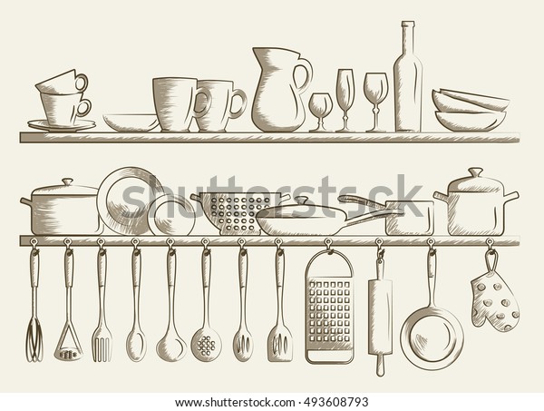 レトロな厨房棚と調理器具 手描きのカートーンの落書きベクターイラスト のベクター画像素材 ロイヤリティフリー