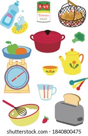 Retro Kitchen Utensils and Food Set
