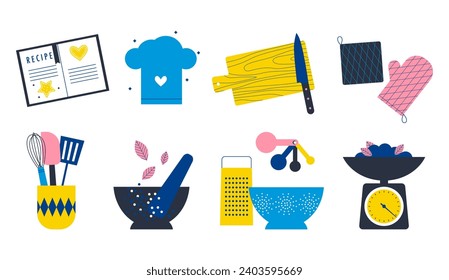 Retro kitchen utensils icon set. Recipe book icon. Jar with cutlery. Spatula and whisk in holder. Measuring spoons. Kitchenware for cooking and baking. Flat vector illustration. Trendy abstract style.