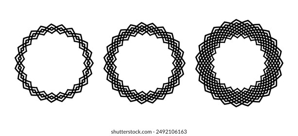 Retro knot circle frame set. Black celtic round border collection. Braid and rope ornament and motif pattern for banner, poster, frame. Circular radial design elements bundle. Vector pack