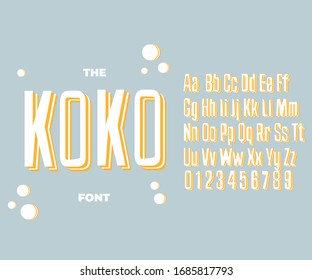 Retro Koko font alphabet.Cool typeface for party poster, t shirt, flier, decoration, card, sale banner, printing on fabric, industrial. Trendy alphabet.