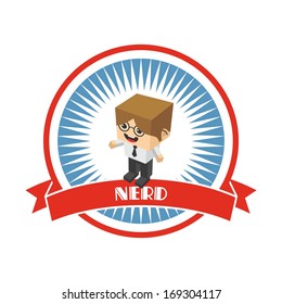 retro label badge isometric nerd character
