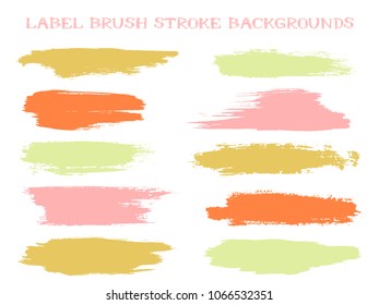 Retro label brush stroke backgrounds, paint or ink smudges vector for tags and stamps design. Painted label backgrounds patch. Interior colors scheme swatches. Ink smudges, pink green spots.