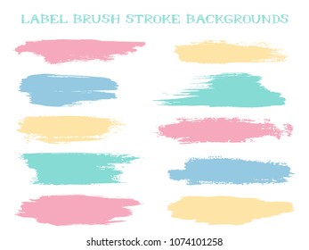 Retro label brush stroke backgrounds, paint or ink smudges vector for tags and stamps design. Painted label backgrounds patch. Interior colors guide book samples. Ink dabs, pastel splashes.