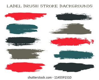 Retro label brush stroke backgrounds, paint or ink smudges vector for tags and stamps design. Painted label backgrounds patch. Vector ink traces, color combinations. Ink smudges, red black stains.