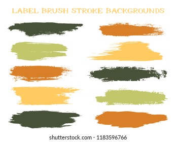 Retro label brush stroke backgrounds, paint or ink smudges vector for tags and stamps design. Painted label backgrounds patch. Interior paint color palette samples. Ink dabs, splashes.