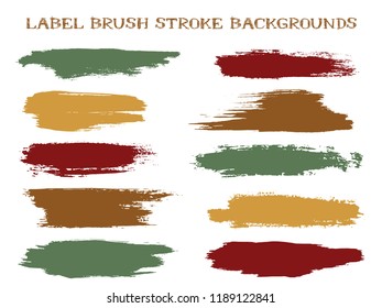Retro label brush stroke backgrounds, paint or ink smudges vector for tags and stamps design. Painted label backgrounds patch. Vector ink color palette samples. Ink smudges, green brown stains, spots.