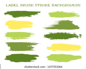 Retro label brush stroke backgrounds, paint or ink smudges vector for tags and stamps design. Painted label backgrounds patch. Interior colors guide book samples. Ink dabs, green yellow splashes.