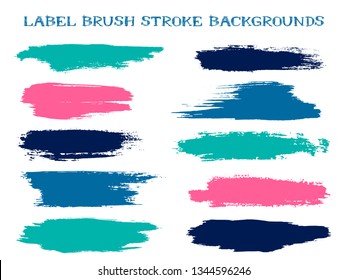 Retro label brush stroke backgrounds, paint or ink smudges vector for tags and stamps design. Painted label backgrounds patch. Interior colors guide book swatches. Ink dabs, blue pink teal splashes.