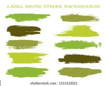 Retro label brush stroke backgrounds, paint or ink smudges vector for tags and stamps design. Painted label backgrounds patch. Interior colors scheme swatches. Ink dabs, green splashes.