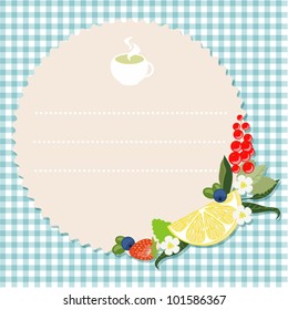 Retro label with cup of tea, fruit and berry
