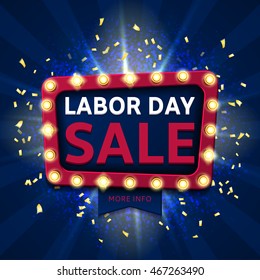 Retro label for labor day sale. Banner with glowing lamps. Vector illustration with shining lights in vintage style. Background of blue dust explosion for seasonal sale.