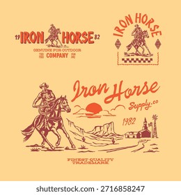 Retro label logo vector illustration cowboy riding horse adventure west wild life on desert rocky mountain nature national park. vintage outdoor apparel design supply gear