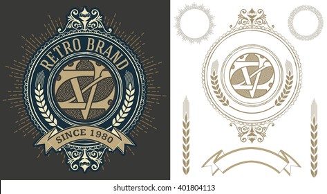 Retro label with monogram and elements layered