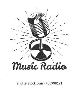 Retro label music radio. microphone.