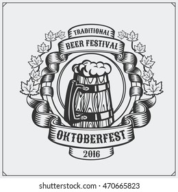 Retro label for Oktoberfest with beer mug.