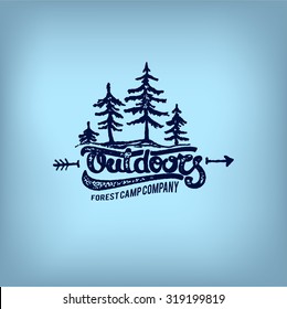 Retro label of outdoor company, wilderness adventure. Old style elements, logo for camp company, outdoor shop, cafe,. Logo collection and lettering