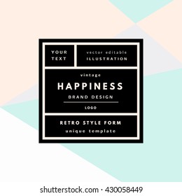 Retro label package template. Romantic minimal logo in frame on geometric layout. Vintage modern label in frame outline geometric background. Retro package template. Trend layout, art print.