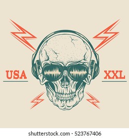 Retro label with skull in headphones.Prints design for t-shirts.Vector illustration